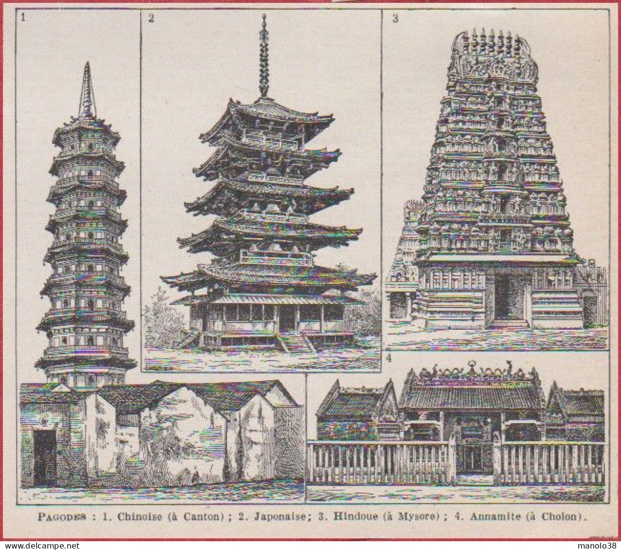 Pagodes. Pagode Chinoise à Canton, Japonaise, Hindou à Mysore, Annamite à Cholon. Larousse 1948. - Historische Dokumente