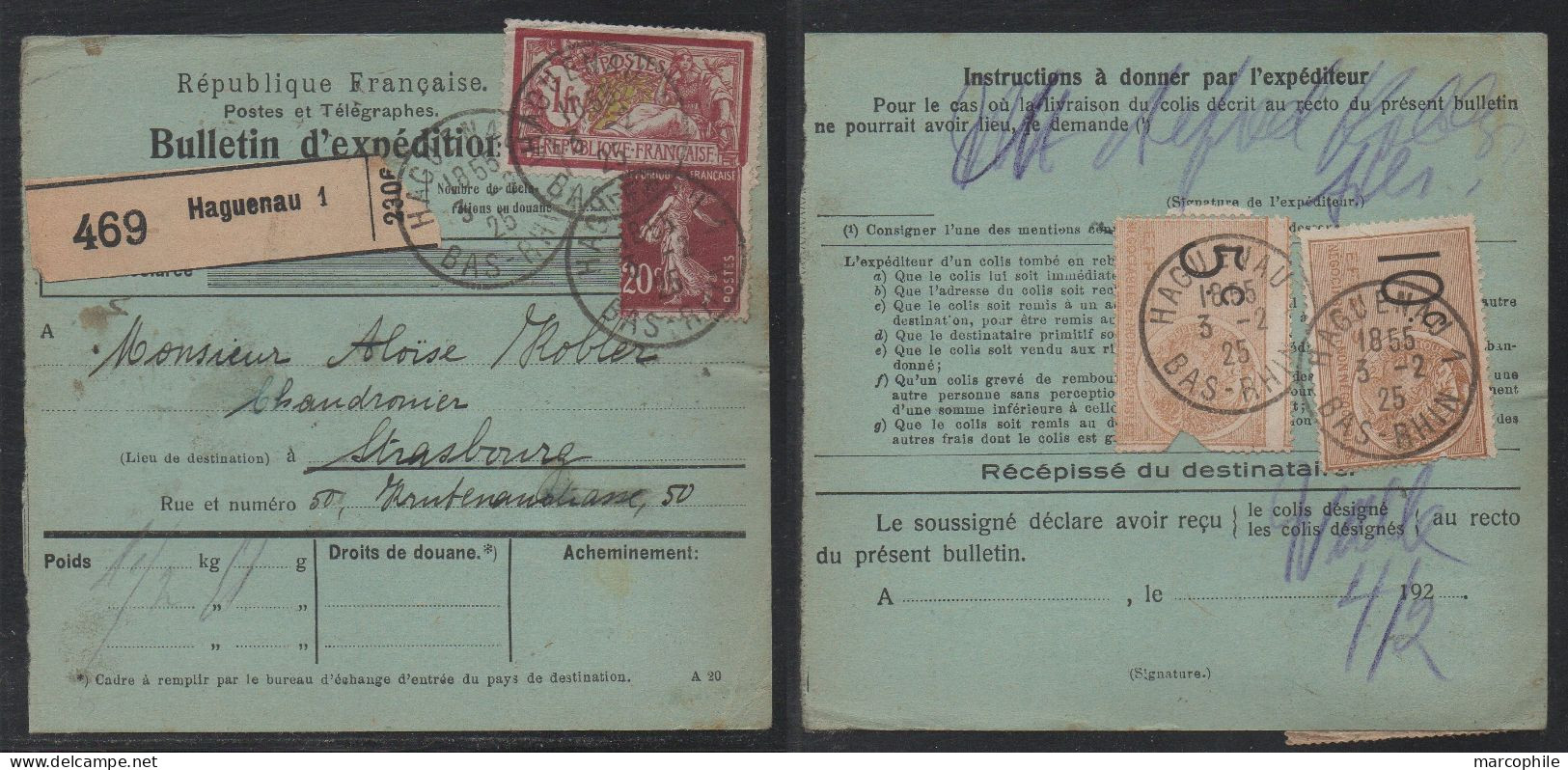 COLIS POSTAUX  - HAGUENAU - ALSACE / 1925 BULLETIN D'EXPEDITION (ref 3786k) - Cartas & Documentos