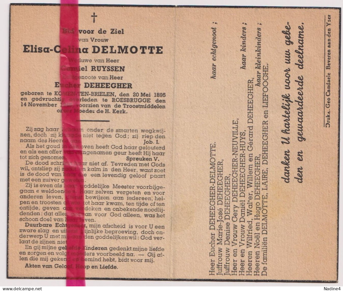 Devotie Doodsprentje Overlijden - Elisa Delmotte Wed Ruyssen Echtg Deheegher - Komen Ten Brielen 1895 - Roesbrugge 1945 - Obituary Notices