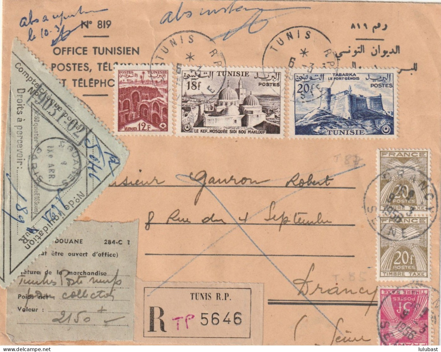 Lettre De TUNISIE Taxée à 25F. à DRANCY Par N° 85 + 87 (paire) Double étiquette De Douanes. Ensemble Peu Fréquent. - 1859-1959 Covers & Documents