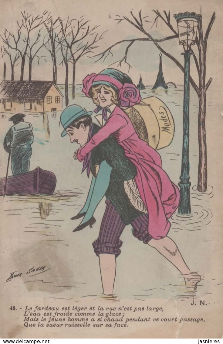 CPA X. SAGER - Inondations De Paris - Femme à Dos D'homme - "Le Fardeau Est Léger Et La Rue N'est Pas Large ...." - Sager, Xavier