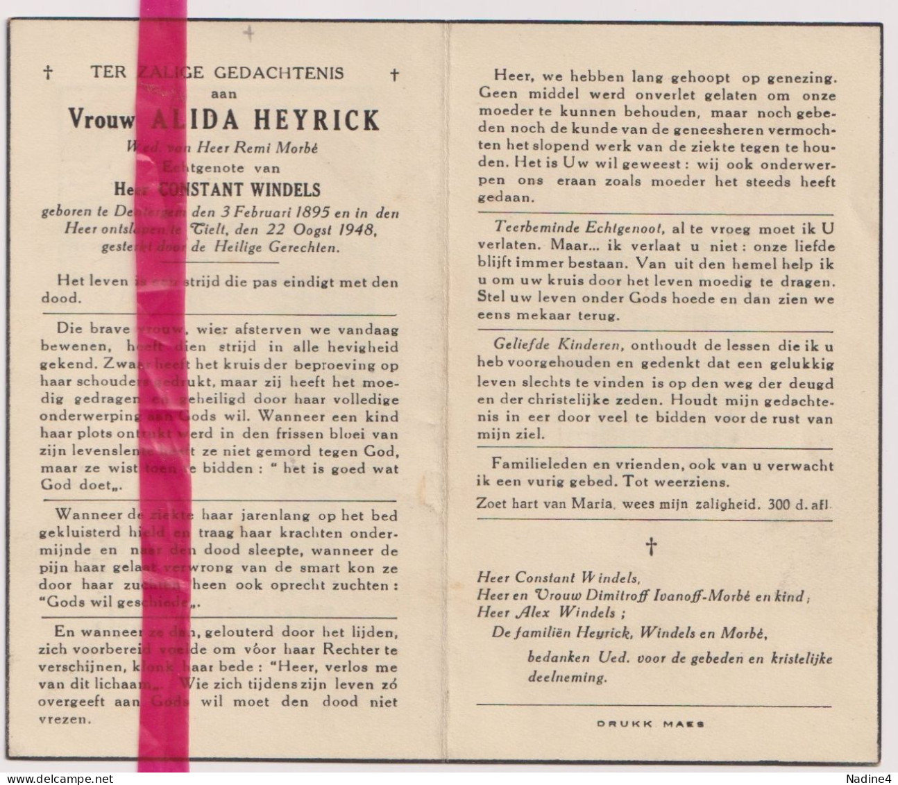 Devotie Doodsprentje Overlijden - Alida Heyrick Wed Morbé Echtg Windels - Dentergem 1895 - Tielt 1948 - Todesanzeige