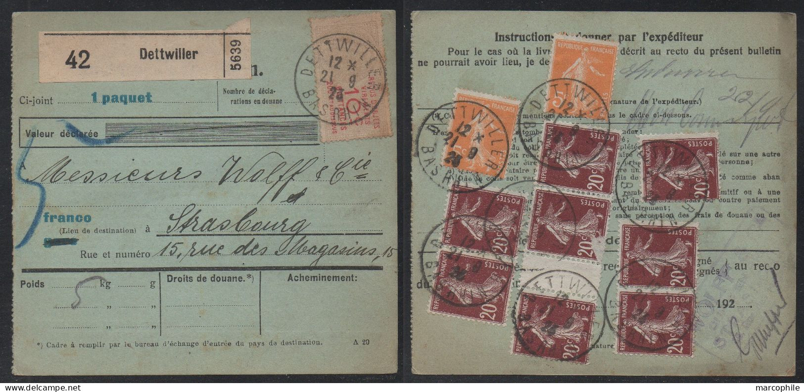 COLIS POSTAUX  - DETTWILLER - ALSACE / 1923 BULLETIN D'EXPEDITION (ref 3786f) - Cartas & Documentos