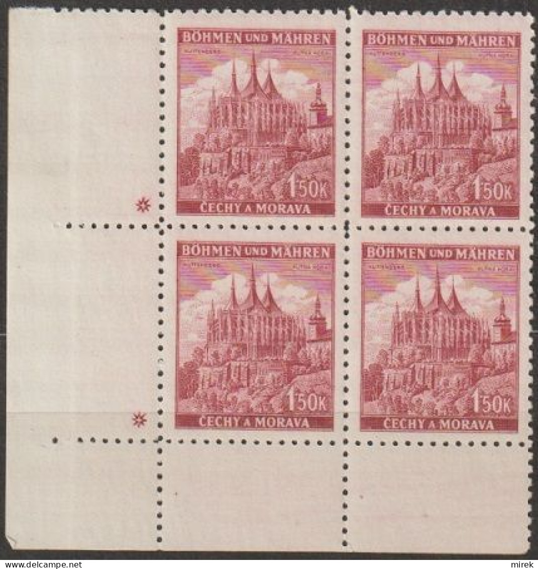 107/ Pof. 58, Violet Carmine; Corner 4-block, Plate Mark + - Unused Stamps