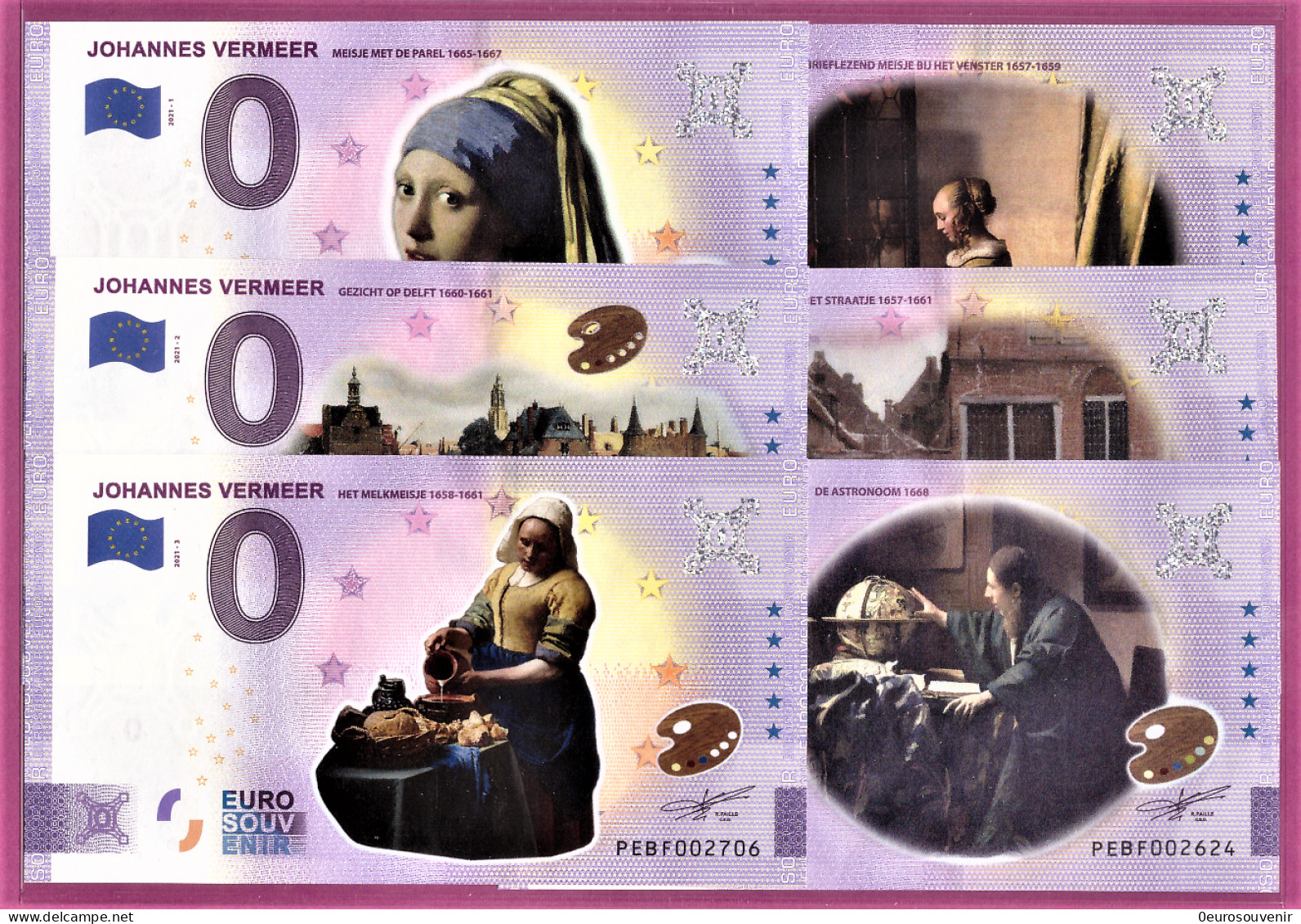 0-Euro PEBF 2021-1 Bis 6 COLOR JOHANNES VERMEER - SATZ FARBDRUCK 2021 KOMPLETT - Essais Privés / Non-officiels