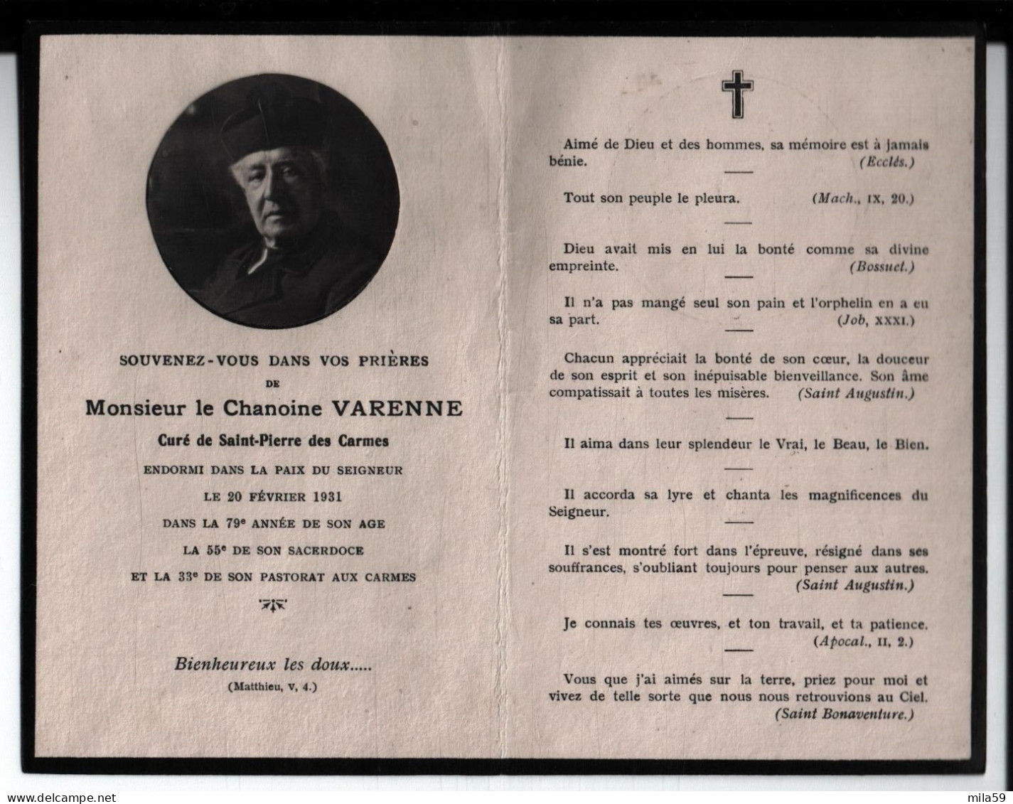 Souvenir De Monsieur Le Chanoine Varenne, Curé De Saint Pierre Des Carmes Décédé Le 20 Février 1931. - Religion & Esotericism