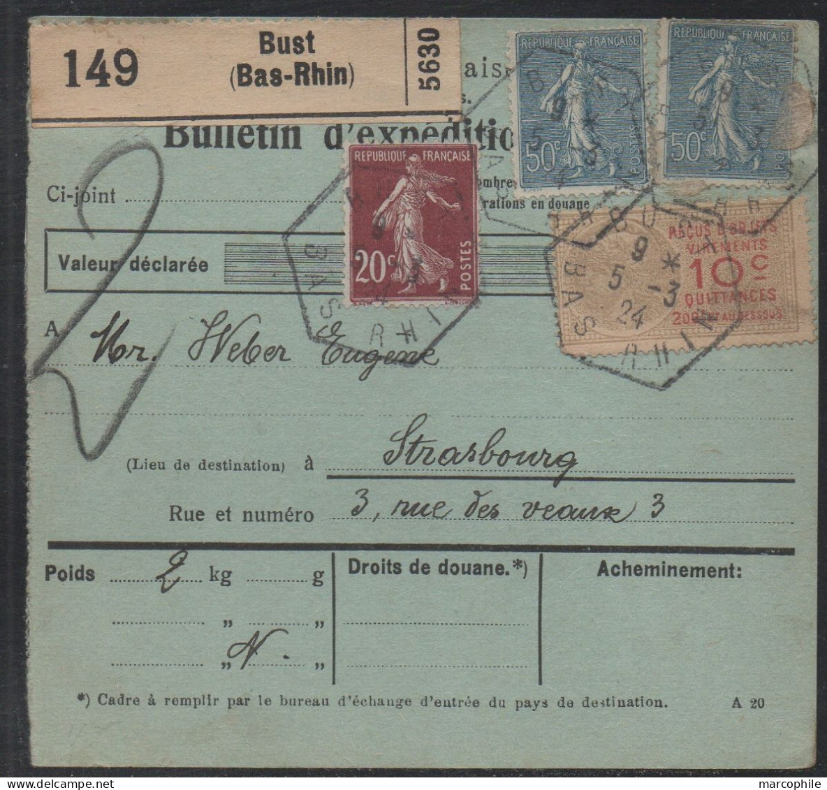 COLIS POSTAUX  - BUST - ALSACE / 1924  BULLETIN D'EXPEDITION (ref 3786d) - Brieven En Documenten