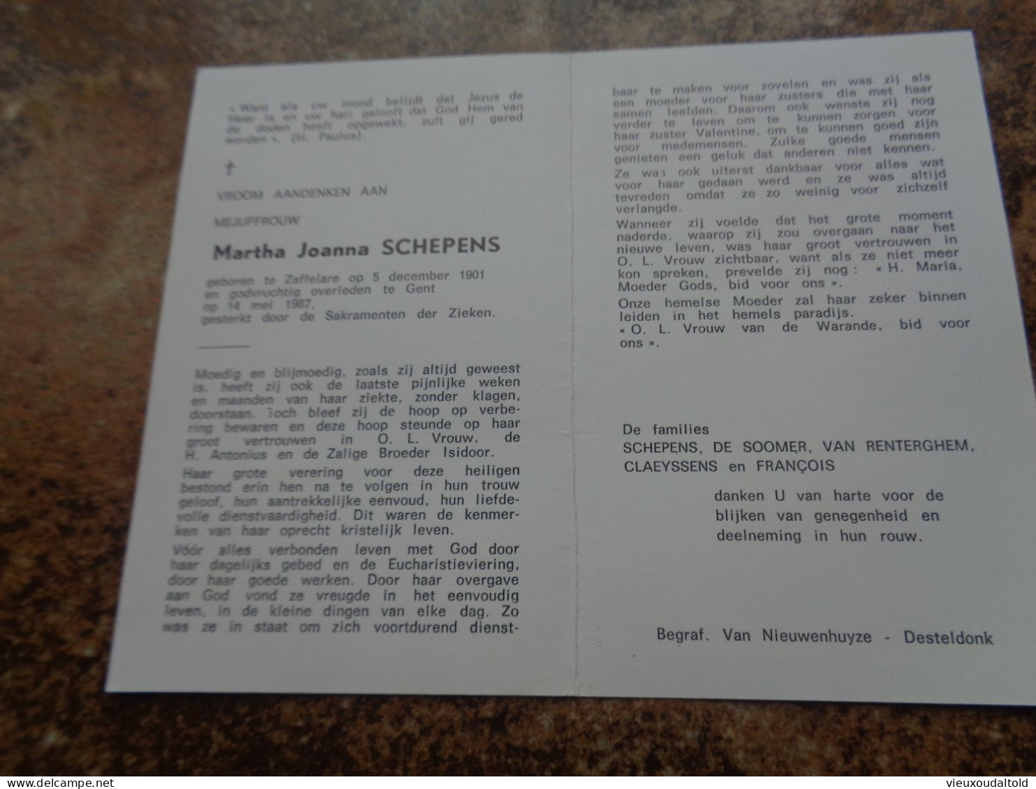 Doodsprentje/Bidprentje  Martha Joanna SCHEPENS   Zaffelare 1901-1987 Gent - Religione & Esoterismo