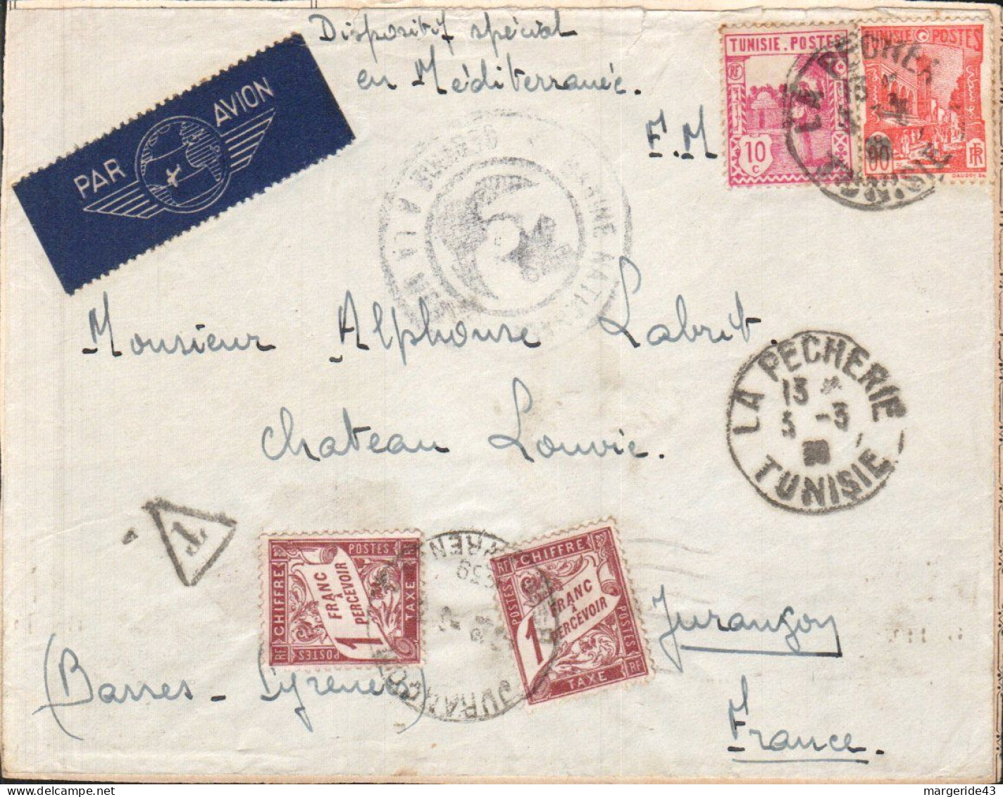 TUNISIE AFFRANCHISSEMENT COMPOSE SUR DEVANT DE LETTRETAXEE POUR LA FRANCE 1938 - Covers & Documents