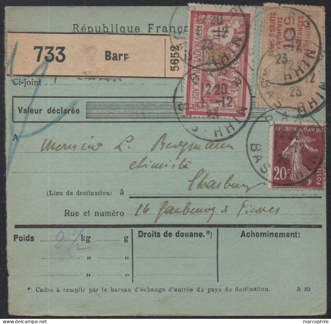 COLIS POSTAUX  - BARR - ALSACE / 1923  BULLETIN D'EXPEDITION (ref 3786a) - Storia Postale