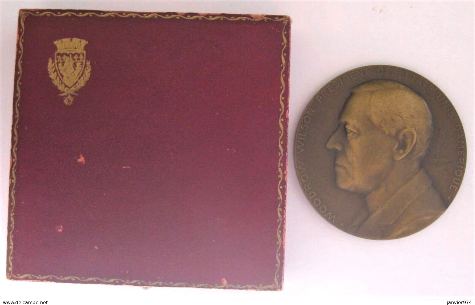 Medaille En Bronze.  Woodrow Wilson Président Des États-Unis, Paris 1919 , Par Leon Deschamps - Otros & Sin Clasificación