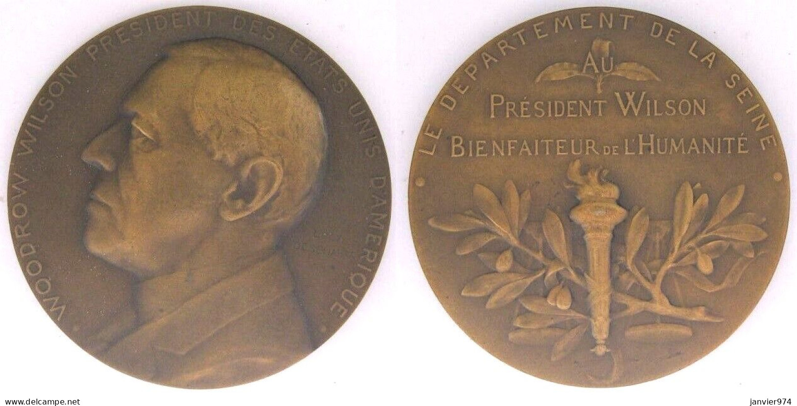 Medaille En Bronze.  Woodrow Wilson Président Des États-Unis, Paris 1919 , Par Leon Deschamps - Autres & Non Classés