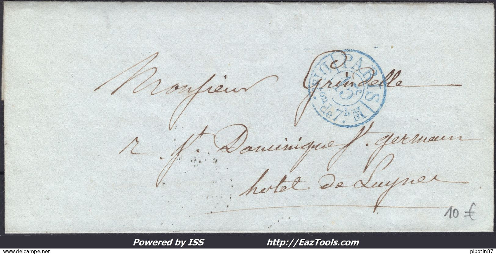 FRANCE MARQUE POSTALE AVEC CAD BLEU PARIS DISTRIBUTION DE 7H AVEC TAXE 15c - 1801-1848: Voorlopers XIX