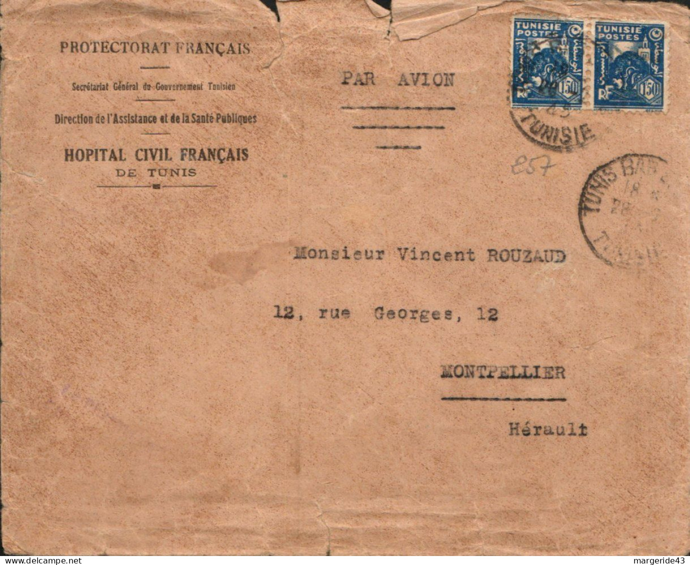 TUNISIE AFFRANCHISSEMENT COMPOSE SUR LETTRE A EN TETE POUR LA FRANCE 1948 - Covers & Documents