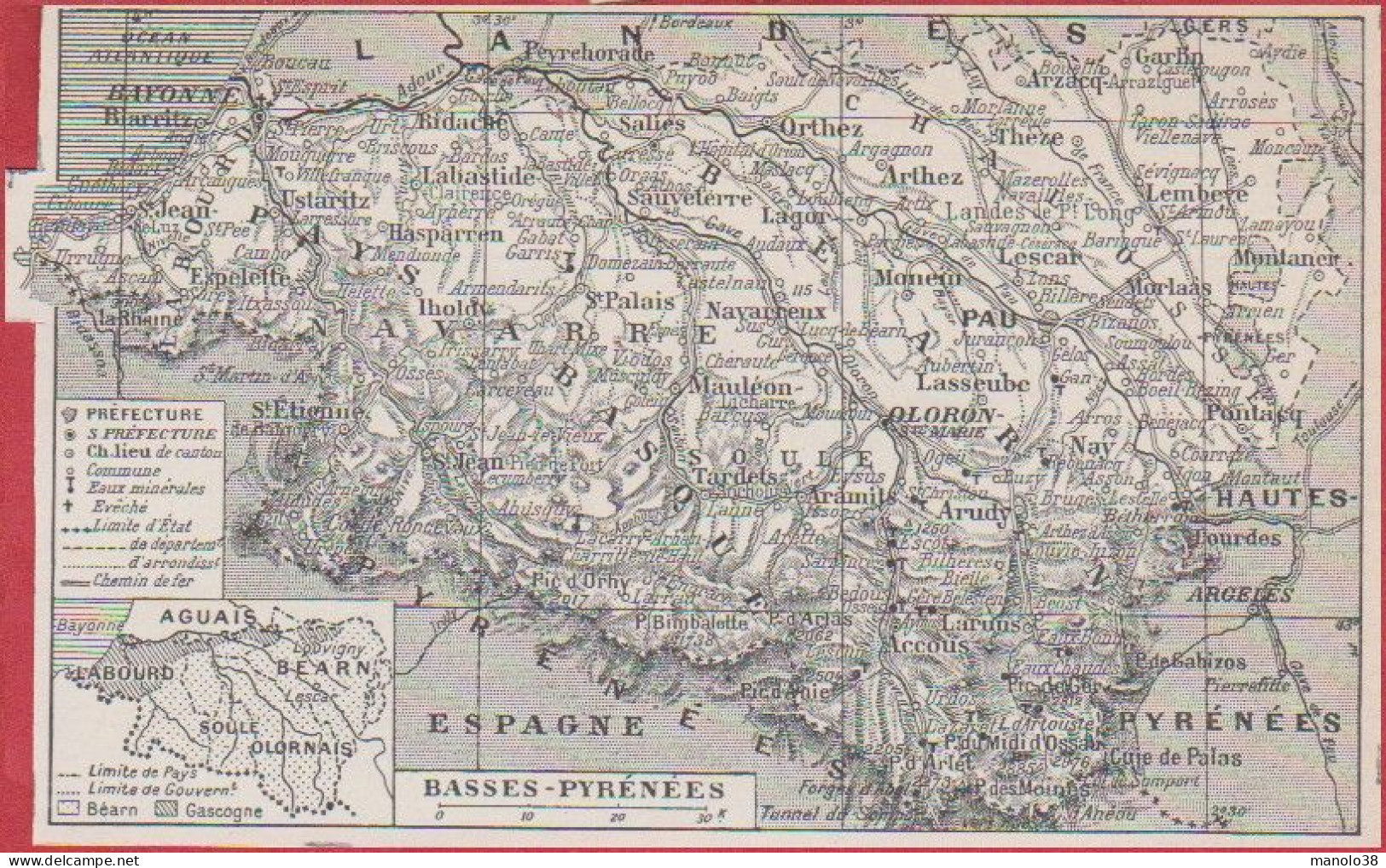 Carte Du Département Des Basses Pyrénées (64). Préfecture, Sous Préfecture, Chef Lieu ... Chemin De Fer. Larousse 1948. - Historische Dokumente