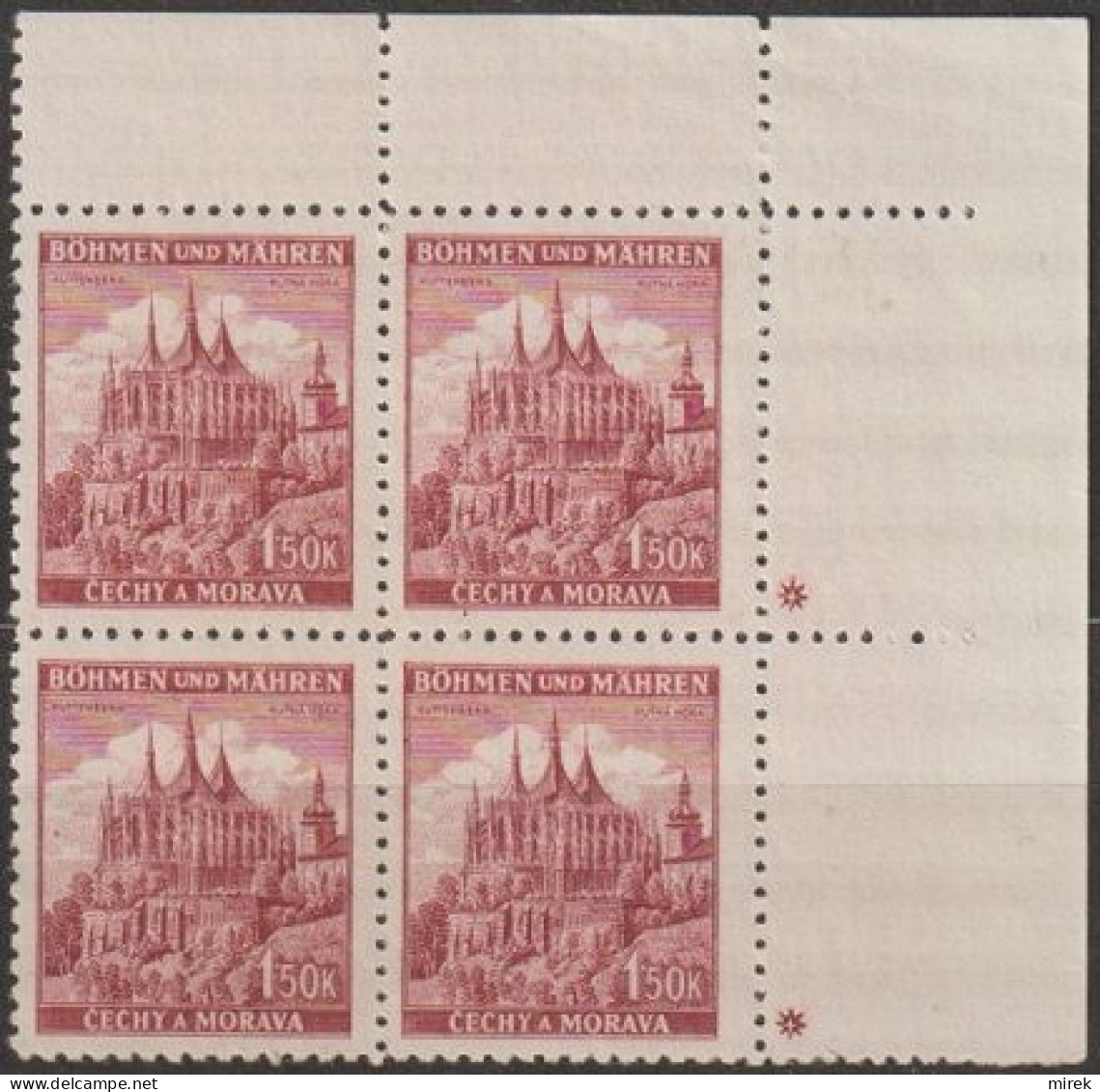 111/ Pof. 58, Brown Violet; Corner 4-block, Plate Mark + - Unused Stamps