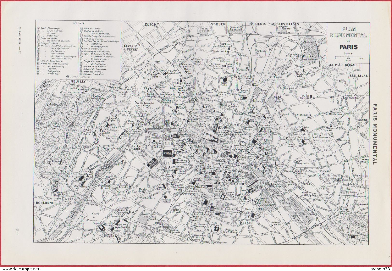 Plan Des Monuments De Paris: Lycées, Ministères, Gares, Musées Etc... Plan De Paris. France. Larousse 1948. - Documenti Storici