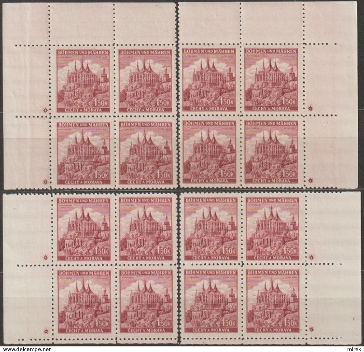 113/ Pof. 58, Brown Violet; Corner 4-blocks Miniature, Plate Mark + - Neufs