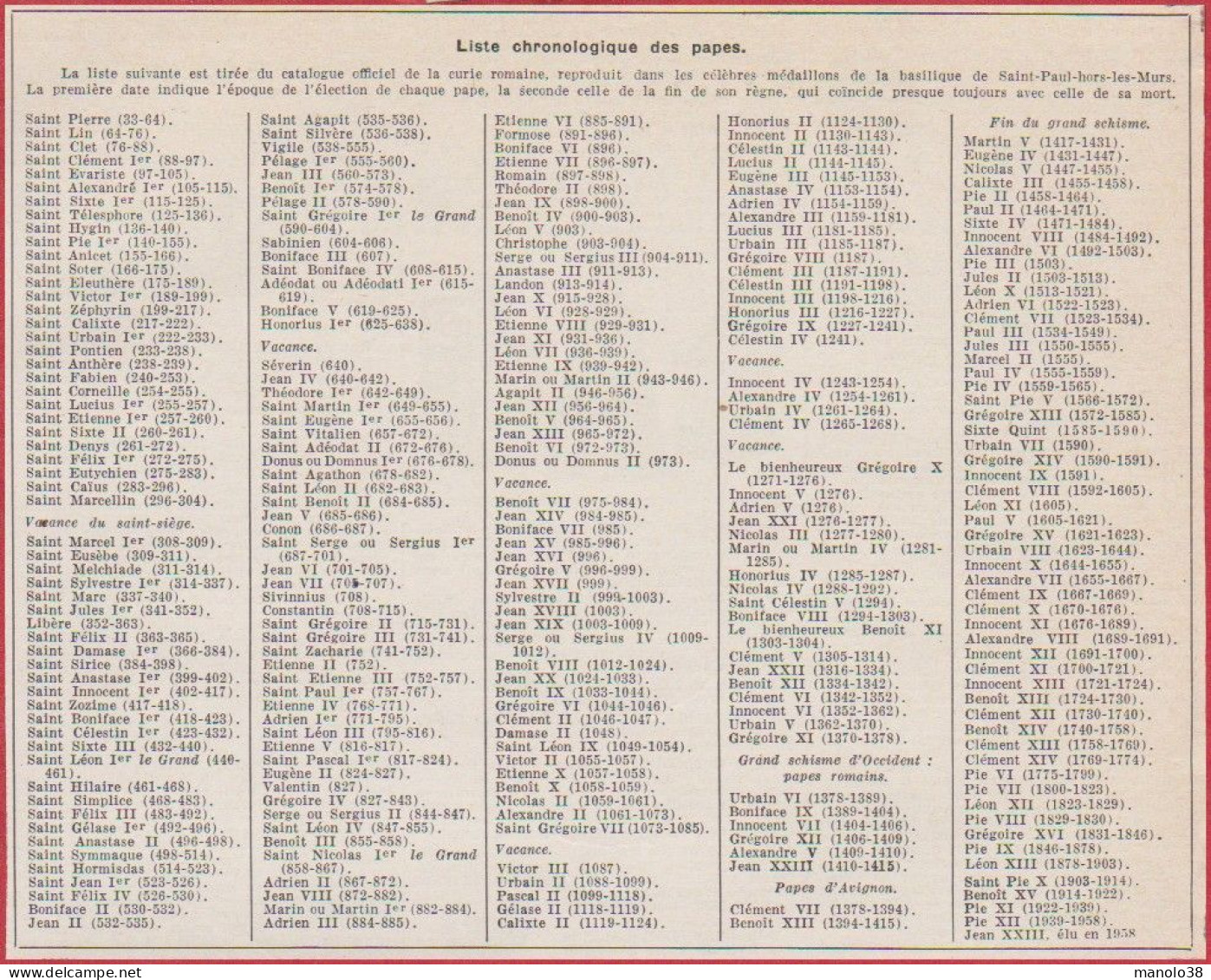 Pape. Liste Chronologique Des Papes. Religion. Catholicisme. Larousse 1948. - Historische Dokumente