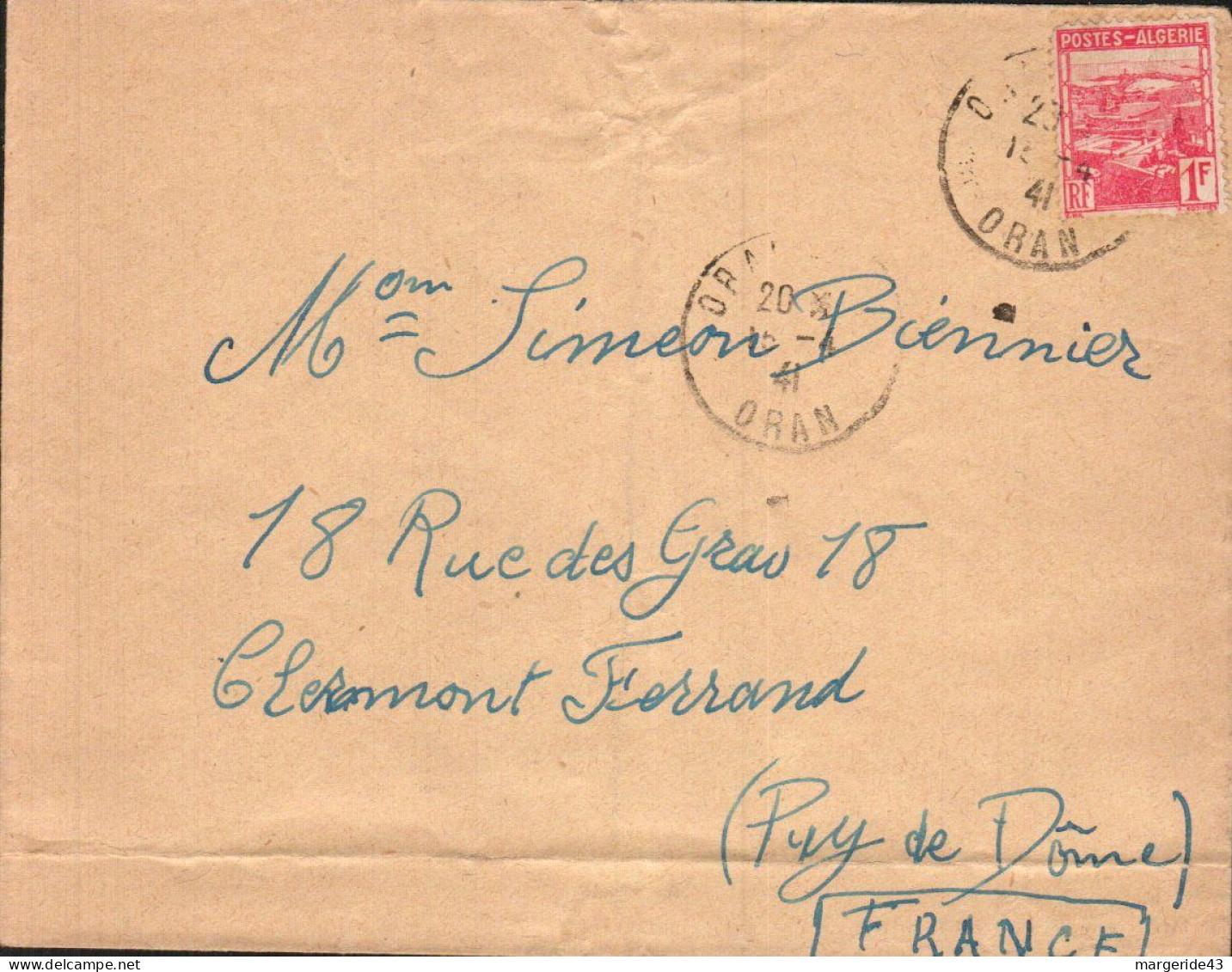 ALGERIE SEUL SUR LETTRE POUR LA FRANCE 1941 - Briefe U. Dokumente