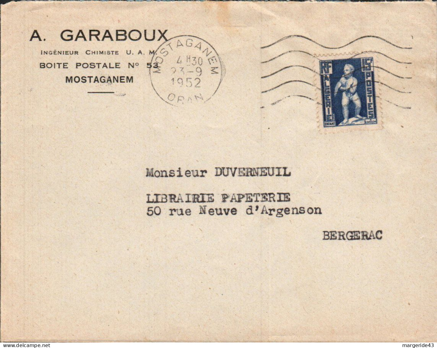 ALGERIE SEUL SUR LETTRE POUR LA FRANCE 1952 - Covers & Documents