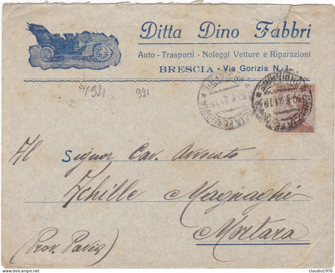 ITALIA - REGNO - BRESCIA - BUSTA - DITTA DINO FABBRI - AUTO - TRASPORTI - VIAGGIATA PER MORTARA (PAVIA)  - 1921 - Marcophilia