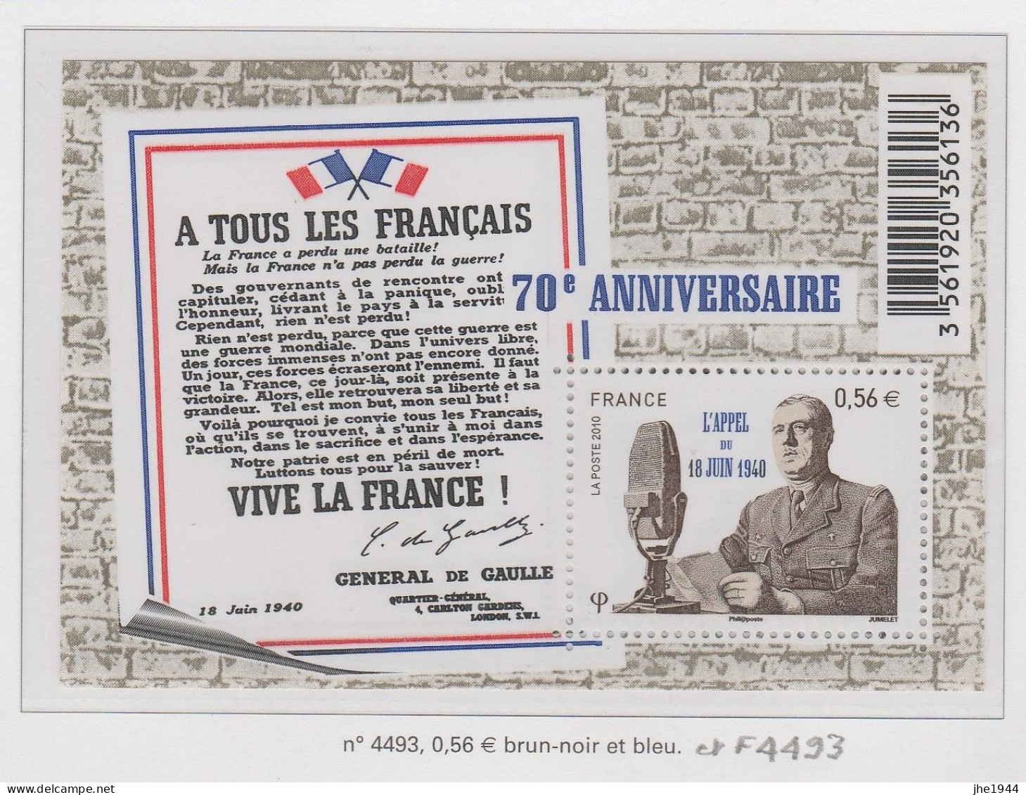 France Feuillet F4493 ** Appel 18 Juin 1940 - Ungebraucht