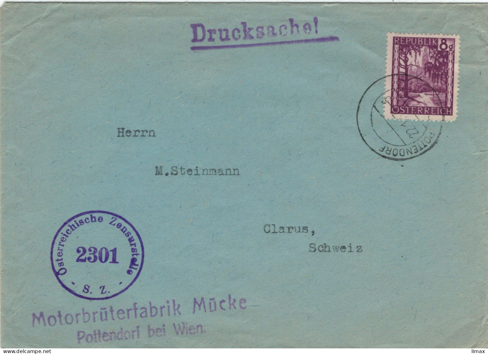 Motorbrüterfabrik Mücke Pottendorf Bei Wien 1947 Zensur 2301 > Glarus - Geflügelzucht Tierschutz Tierleid Skandale - Lettres & Documents