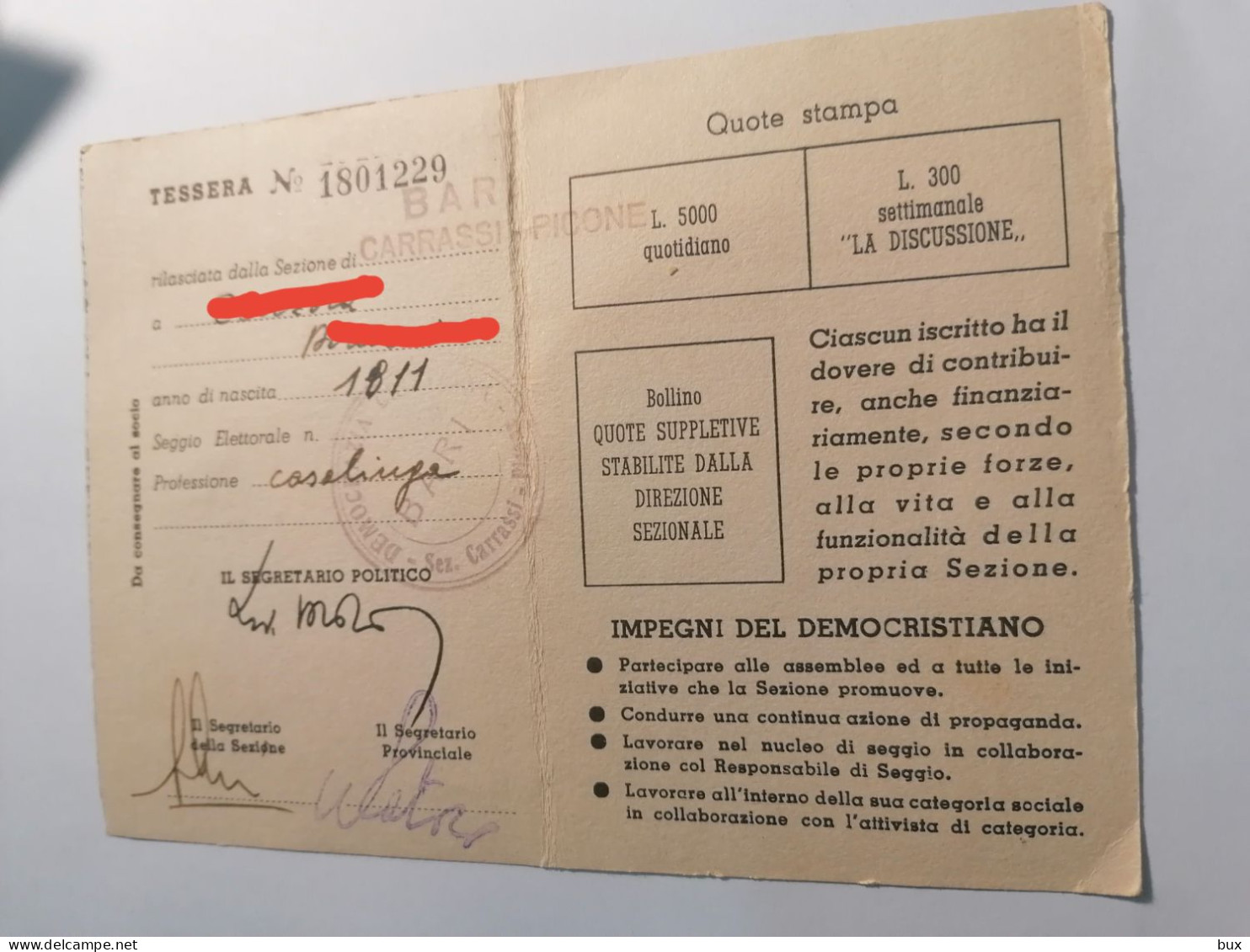 1960  BARI SEZ. CARRASSI PICONE DC DEMOCRAZIA CRISTIANA TESSERA PARTITO POLITICO CARTE CARD KARTE - Documenti Storici