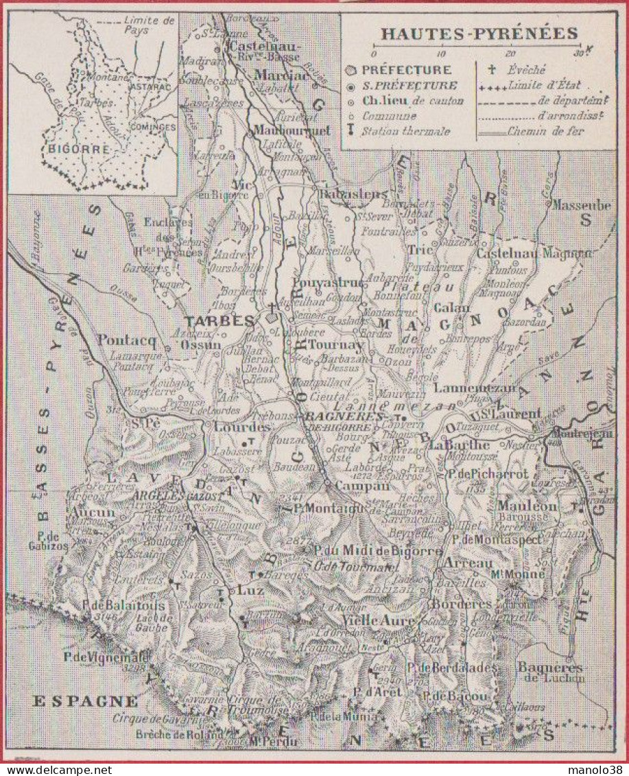 Carte Du Département Des Hautes Pyrénées (65), Préfecture, Sous Préfecture, Chef Lieu ... Chemin De Fer. Larousse 1948. - Documenti Storici