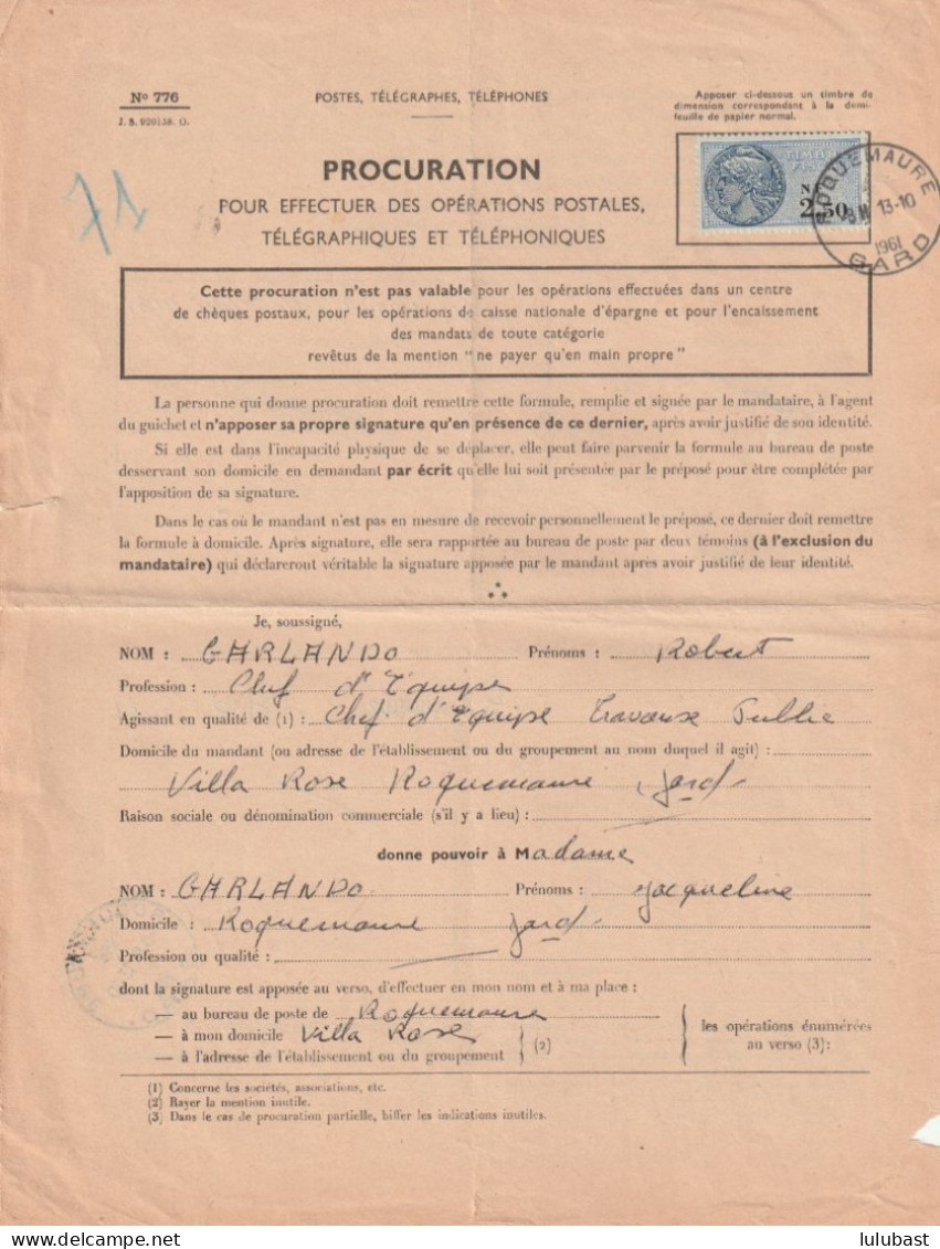 ROQUEMAURE (GARD) T. à D. Horoplan / Procuration Pour Effectuer Des Opérations Postales  ...etc. - Briefe U. Dokumente