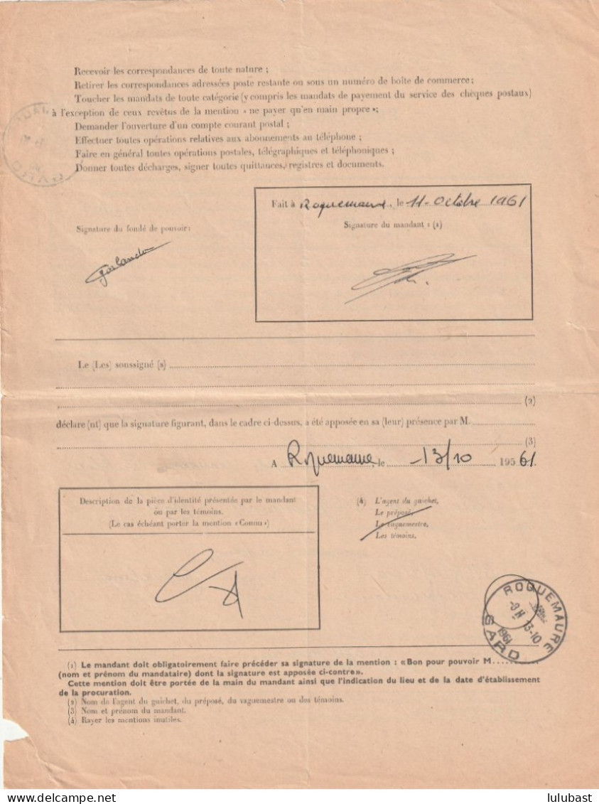 ROQUEMAURE (GARD) T. à D. Horoplan / Procuration Pour Effectuer Des Opérations Postales  ...etc. - Cartas & Documentos