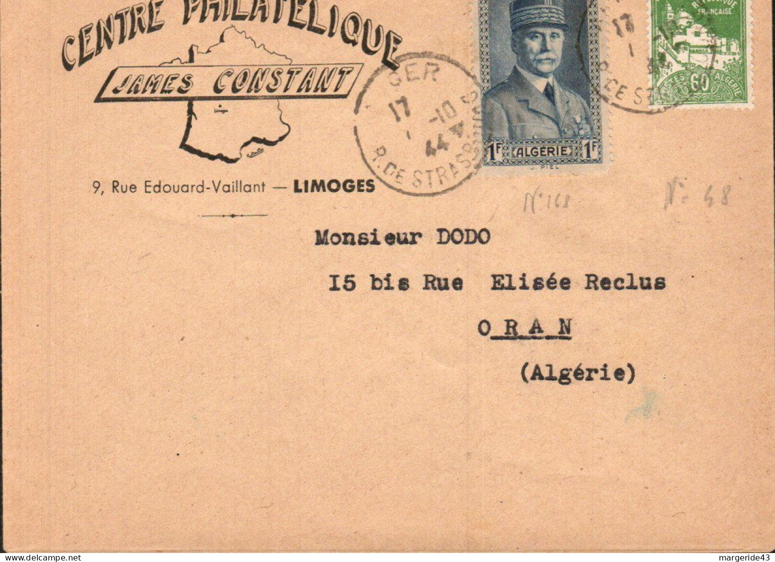 ALGERIE AFFRANCHISSEMENT COMPOSE SUR LETTRE 1944 - Briefe U. Dokumente