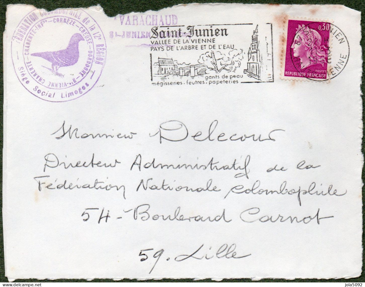 87 - SAINT-JUNIEN 1968 - Société Colombophile De La 12e Région - Siège Limoges - 1961-....