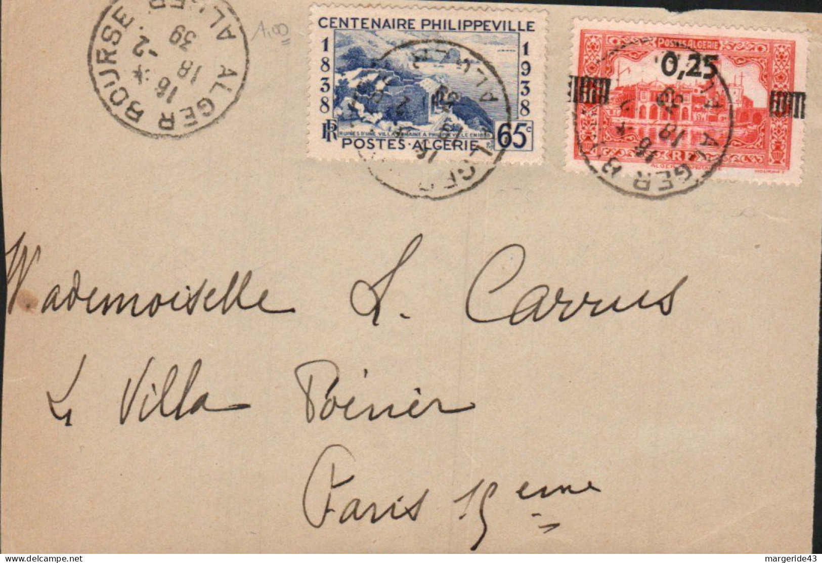 ALGERIE AFFRANCHISSEMENT COMPOSE SUR LETTRE POUR LA FRANCE 1939 - Covers & Documents