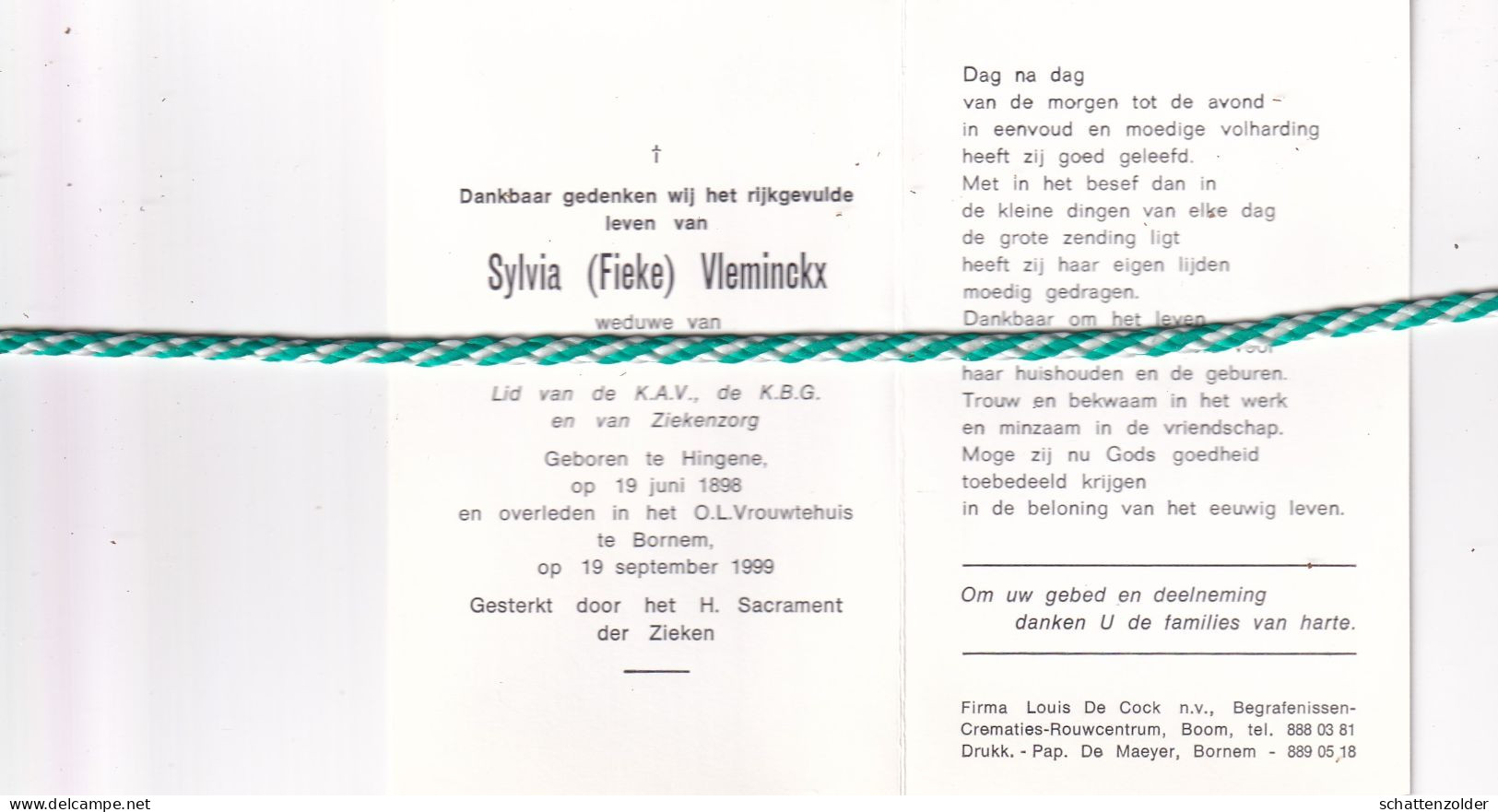 Sylvia (Fieke) Vleminckx-Nys, Hingene 1898, Bornem 1999 - Décès