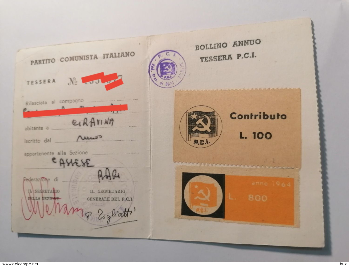 1964  BARI GRAVINA PCI PARTITO COMUNISTA ITALIANO  TESSERA PARTITO POLITICO CARTE CARD KARTE - Historische Documenten