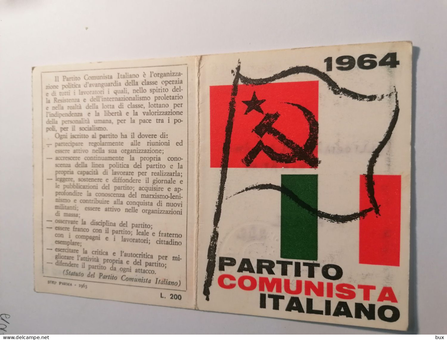 1964  BARI GRAVINA PCI PARTITO COMUNISTA ITALIANO  TESSERA PARTITO POLITICO CARTE CARD KARTE - Documents Historiques