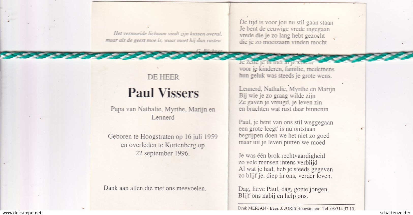 Paul Vissers, Hoogstraten 1959, Kortenberg 1996. Foto - Todesanzeige