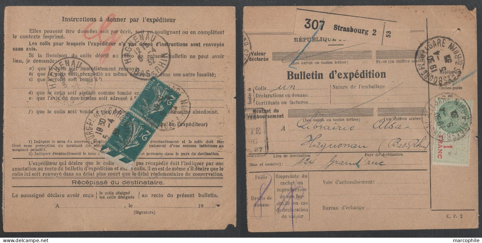 COLIS POSTAUX  - STRASBOURG 2  - ALSACE / 1932 SEMEUSE 2 F * 2  SUR BULLETIN D'EXPEDITION (ref 3173) - Brieven & Documenten