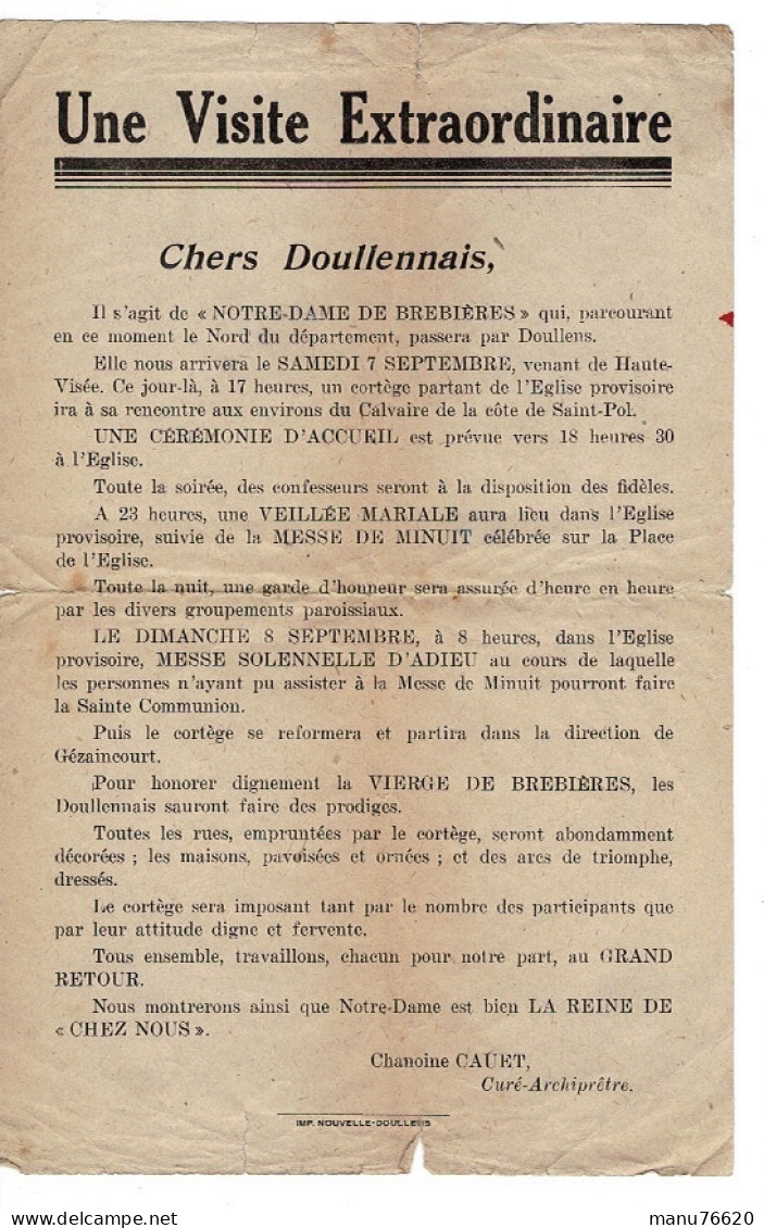 Ref 1 - Vieux Papier Religieux, Une Visite Extraordinaire à Doullens - Somme . - Zonder Classificatie