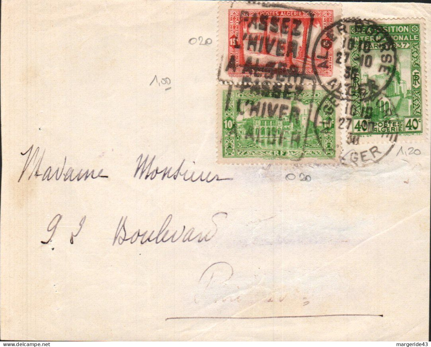 ALGERIE AFFRANCHISSEMENT COMPOSE SUR LETTRE POUR LA FRANCE 1938 - Briefe U. Dokumente