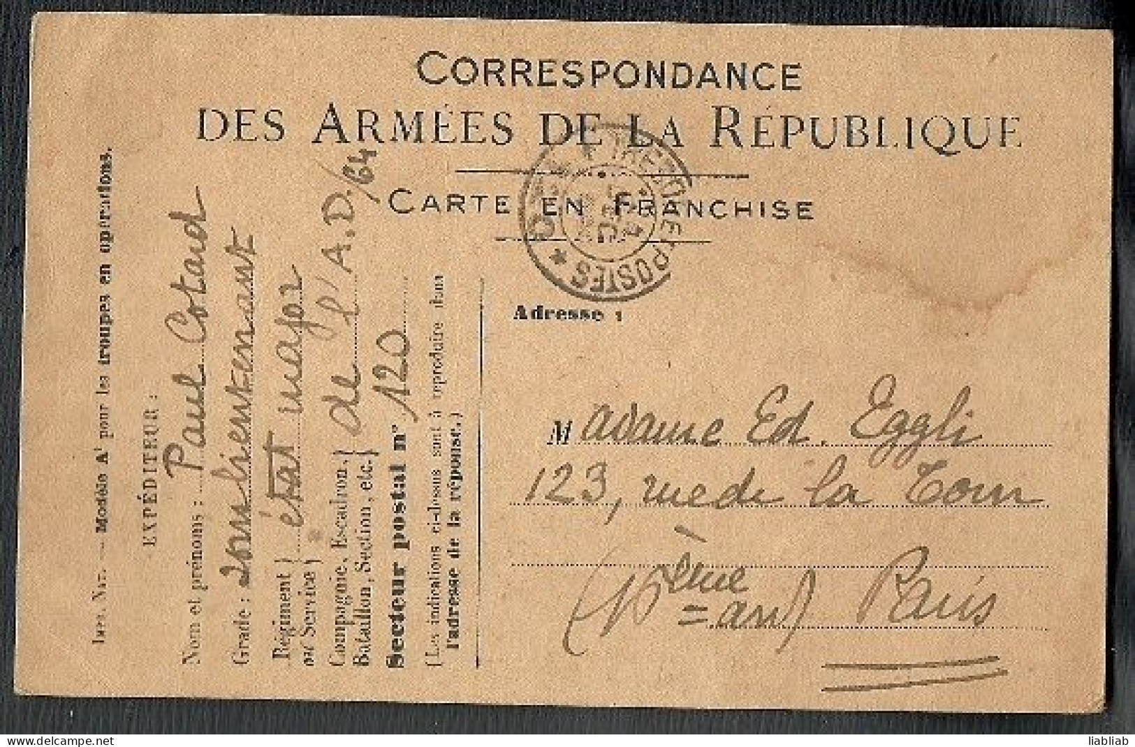 CARTE POSTALE = CORRESPONDANCE DES ARMEES DE LA REPUBLIQUE - War 1914-18