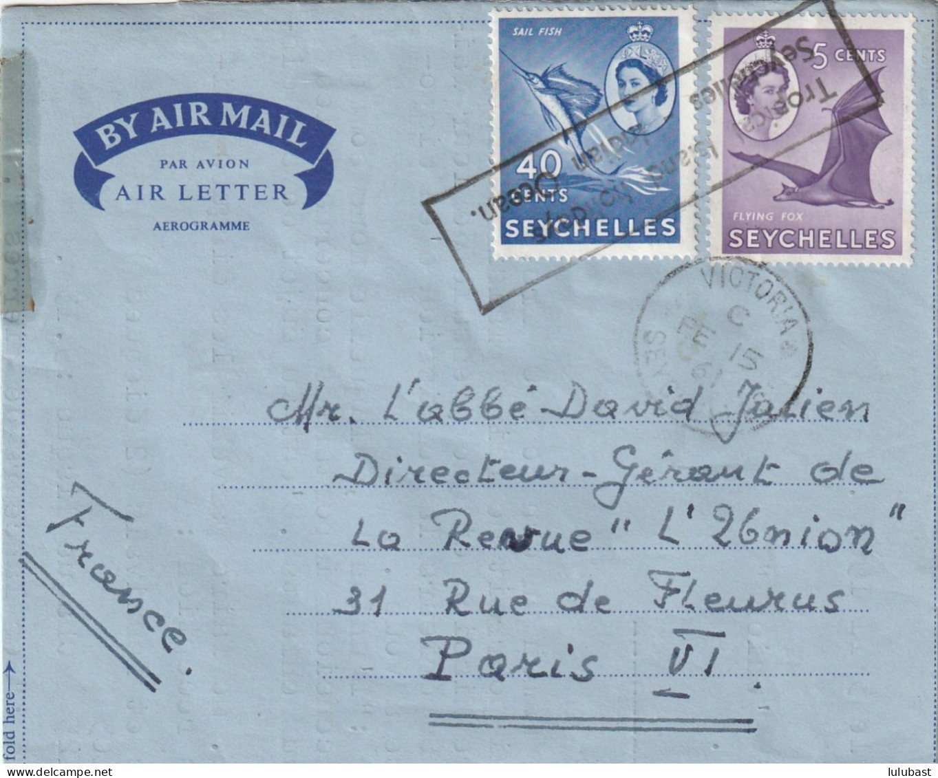 Lettre De VICTORIA "BY AIR MAIL" Pour Paris - Bel Afft. (cachet Peu Fréquent.) - Seychellen (...-1976)