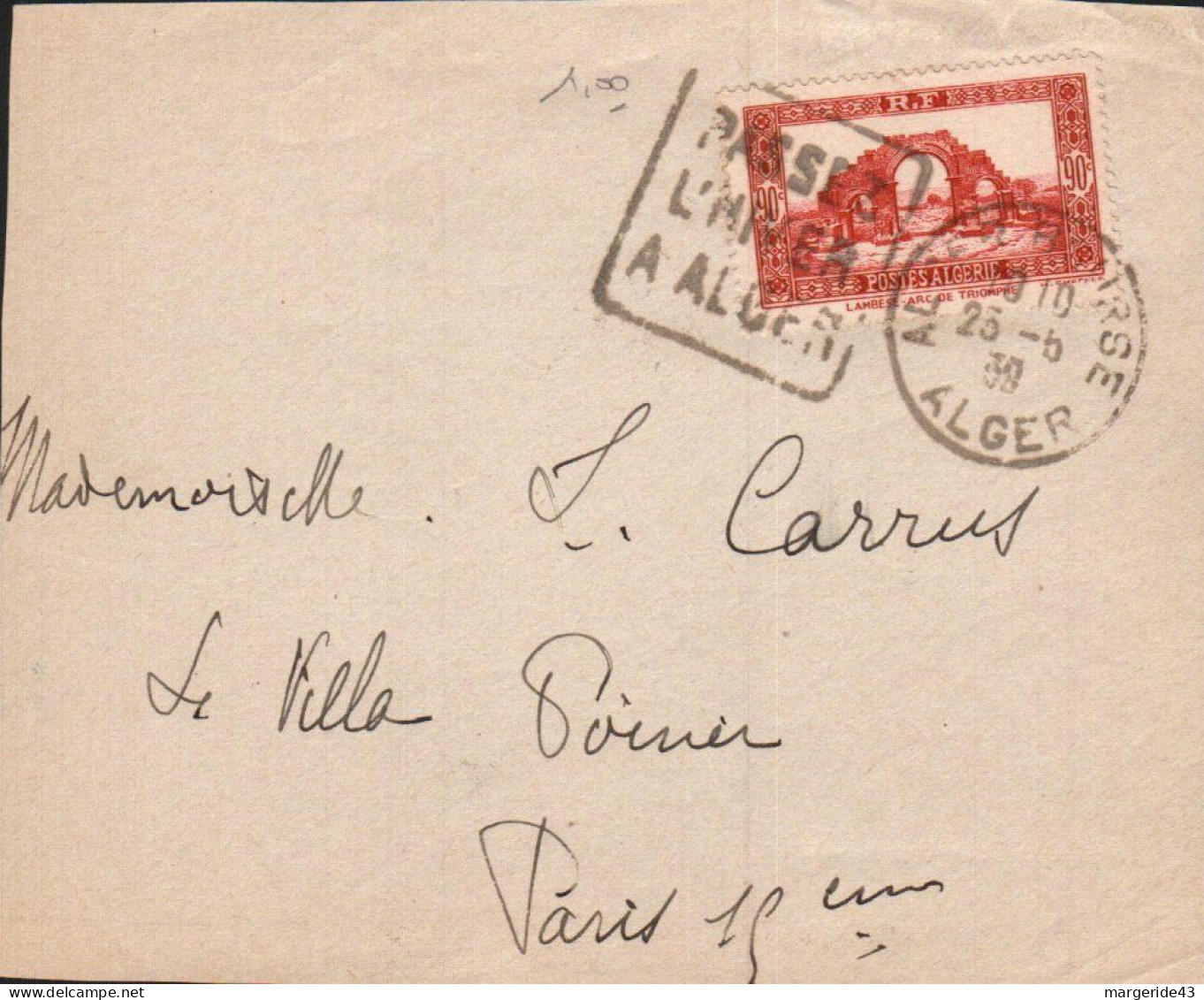 ALGERIE DAGUIN SUR LETTRE D'ALGERPOUR LA FRANCE 1938 - Briefe U. Dokumente