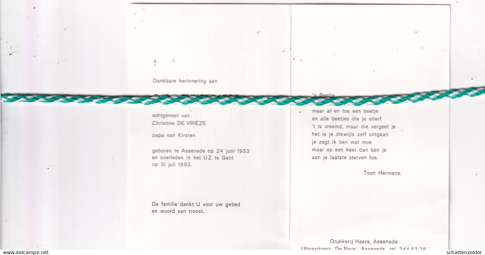 Carlos Thysebaert-De Vrieze, Assenede 1953, Gent 1993. - Obituary Notices