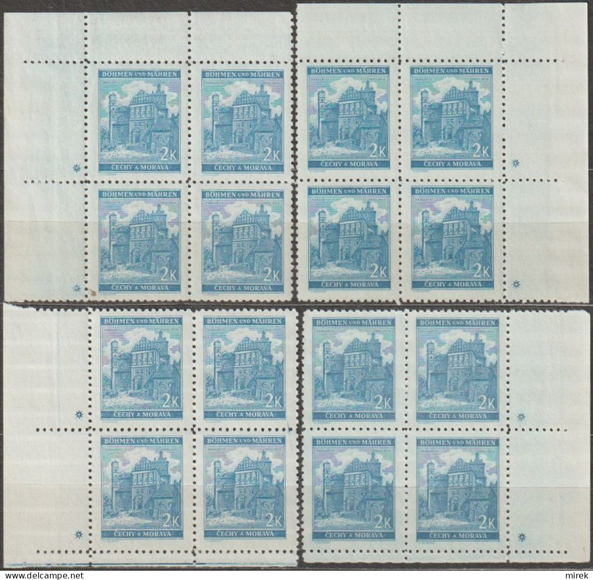 119/ Pof. 59, Green Blue; Corner 4-blocks Miniature, Plate Mark + - Unused Stamps