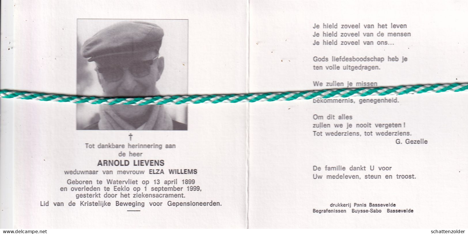 Arnold Lievens-Willems, Watervliet 1899, Eeklo 1999. Honderdjarige. Foto - Décès