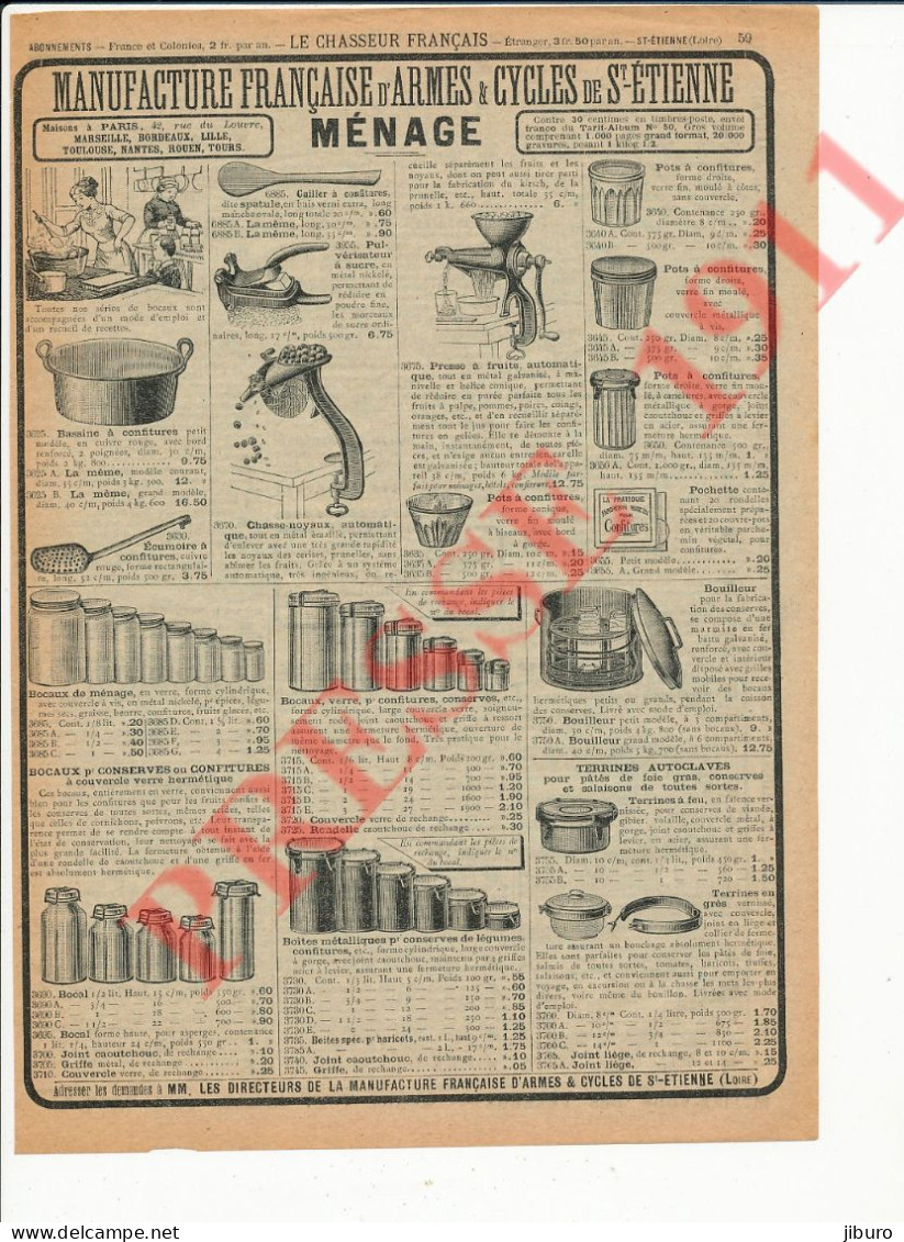 Publicité Vintage 1911 Ustensiles De Cuisine Bassine à Confiture Bocaux Conserves Bouilleur Terrines Presse à Fruits - Pubblicitari