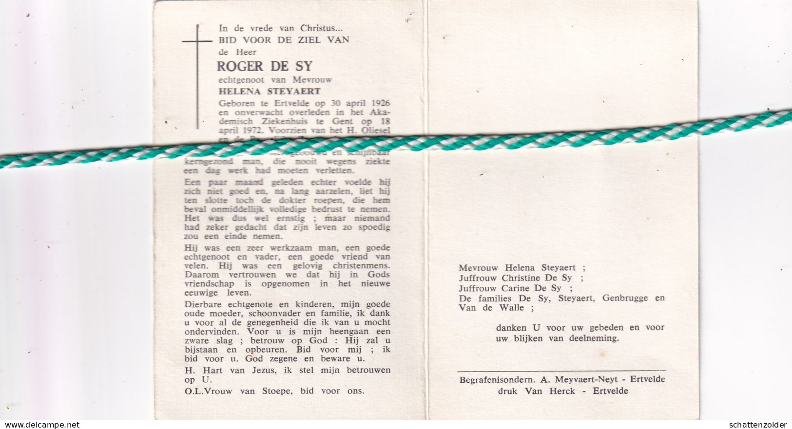Roger De Sy-Steyaert, Ertvelde 1926, Gent 1972 - Obituary Notices